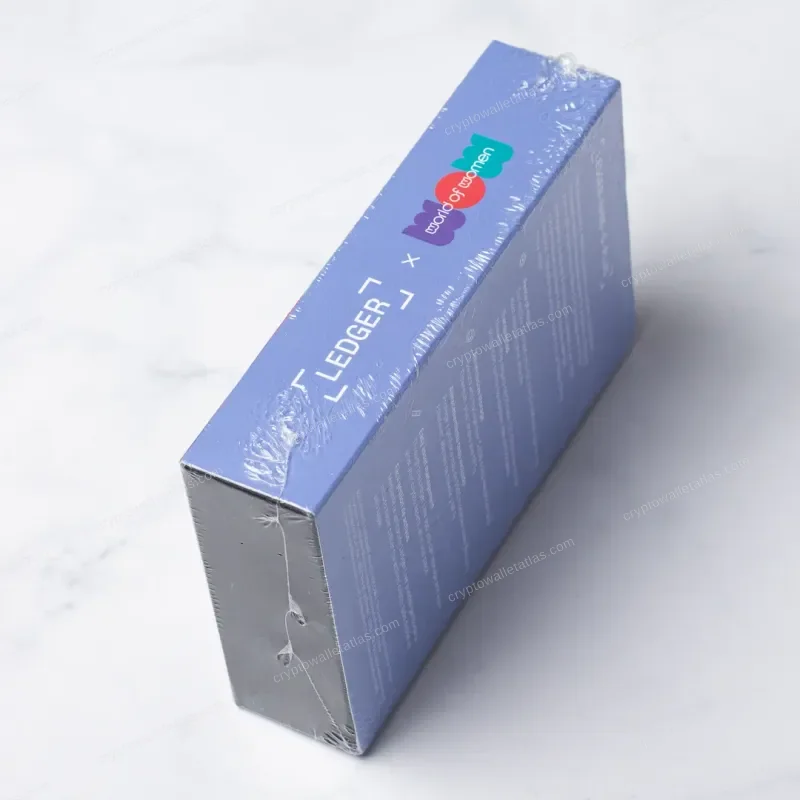 Ledger Nano S Plus World of Women Navy - box side panel with co-branded logo